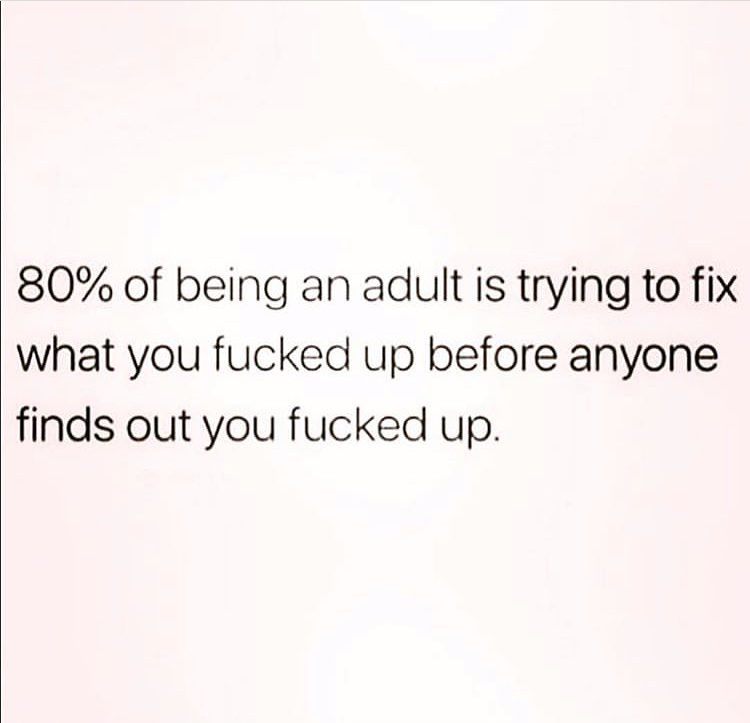 80% of being an adult is trying to fix what you fucked up before anyone funds out you fucked up